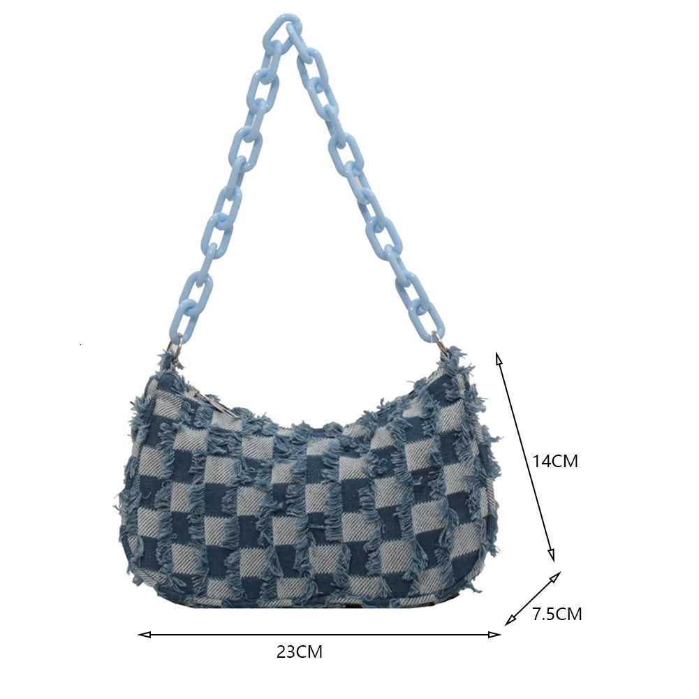 Vintage Women Casual Shoulder Underarm Bag Plaid Pattern Printed Denim Small Purse Ladies Chain Leisure Handbags XJ250704