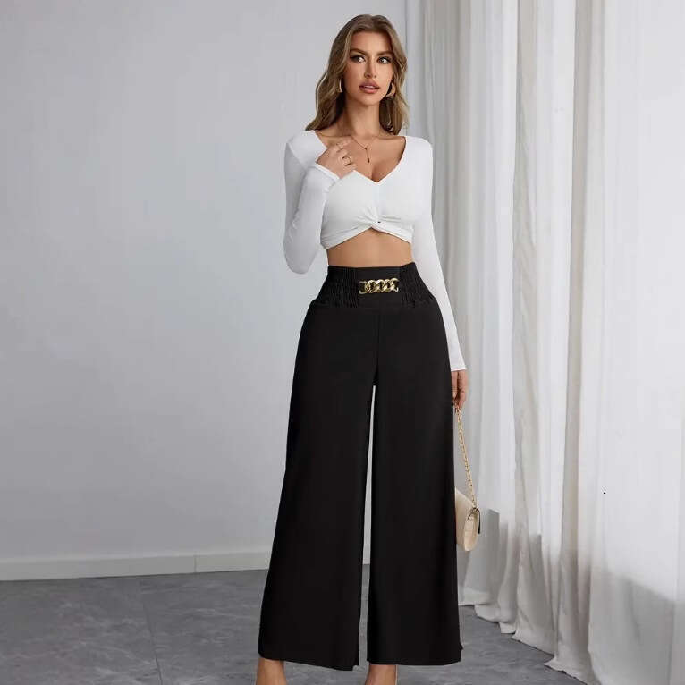 New High-Waisted Slimming Elegant Commuter Solid Color Chain Gathered Spring And Autumn Wide-Leg Pants B5