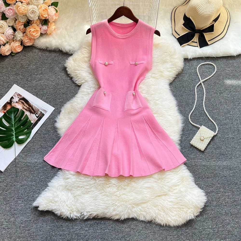 2025 Summer Pleated Short Dress Women O-neck Slim Waist A-line Party Dress Streetwear Lady Outfits Vestido XJ250722