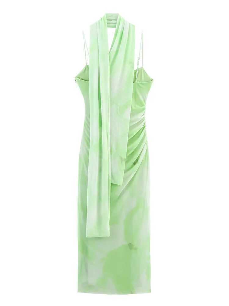 TFMLN Women Summer Printed Sling Dress with Scarf Sexy Open Back Bodycon Club Party Dresses Ele Lady Pleated Midi Outfit XJ250722