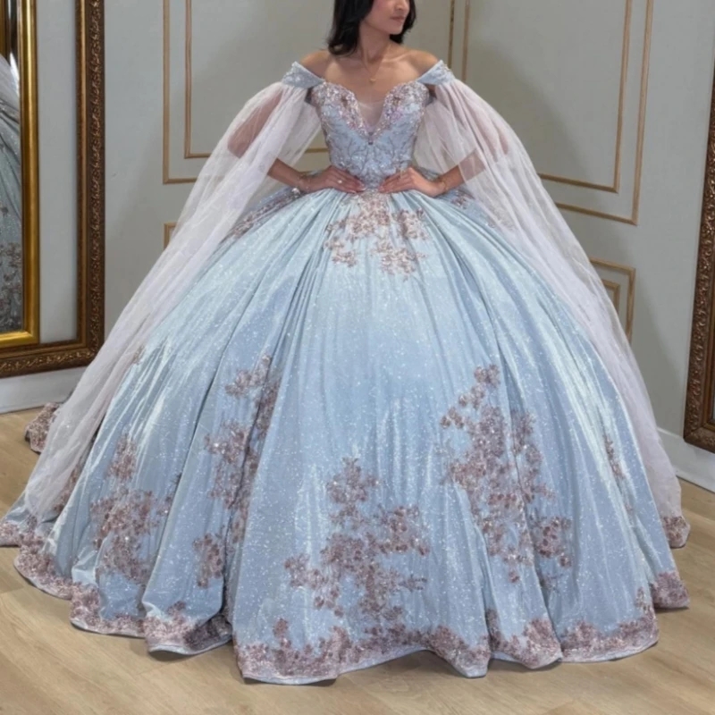 Light Blue Shiny Quinceanera Dresses Ball Gown Off The Shoulder Applique Lace Beading With Cape Tull Party Birthday Sweet 16 Dress Vestidos 15 anos