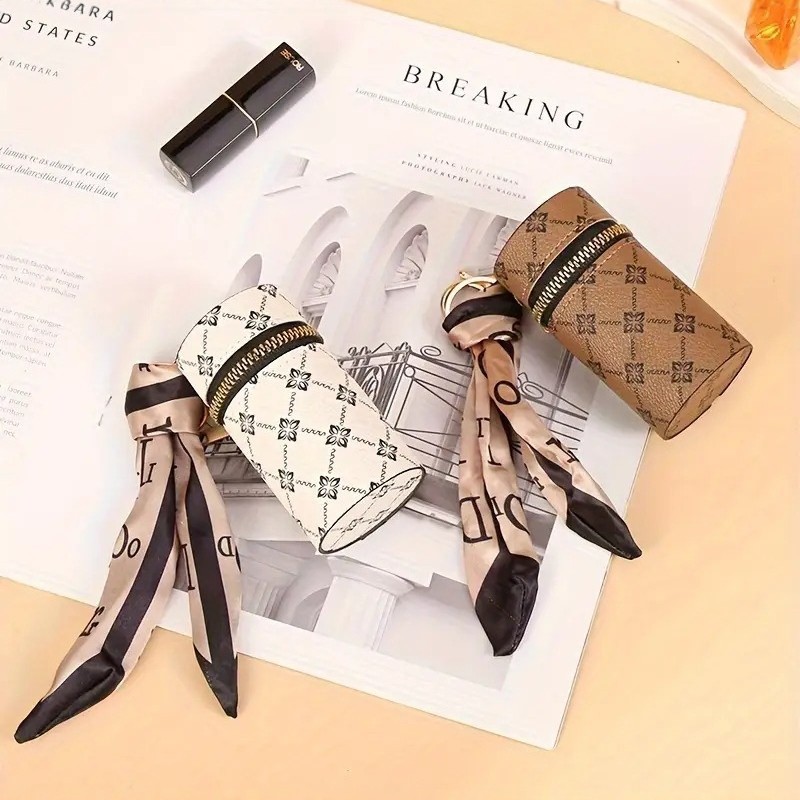 Bag Charms Vintage Floral Print Coin Purse & Keychain - Portable Lipstick Holder Wallet for Women, Retro Key Ring Accessory