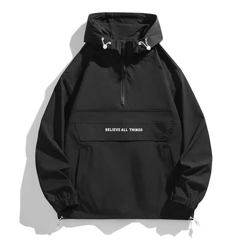 New Men Spring Autumn Waterproof Casual Versatile Top Japanese Korean Streetwear Fashion Loose Pullover Half Zip Hooded Jacket W250722