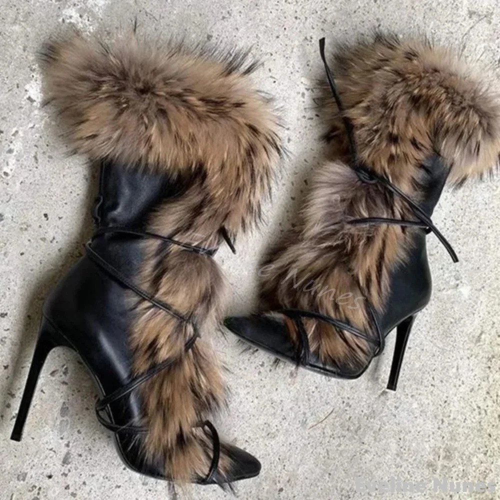 Furry Cross Straps Ankle Boots Women Black Leather Pointed Toe Stiletto Heel Mid Calf Boots Winter Catwalk Party Boots 250717