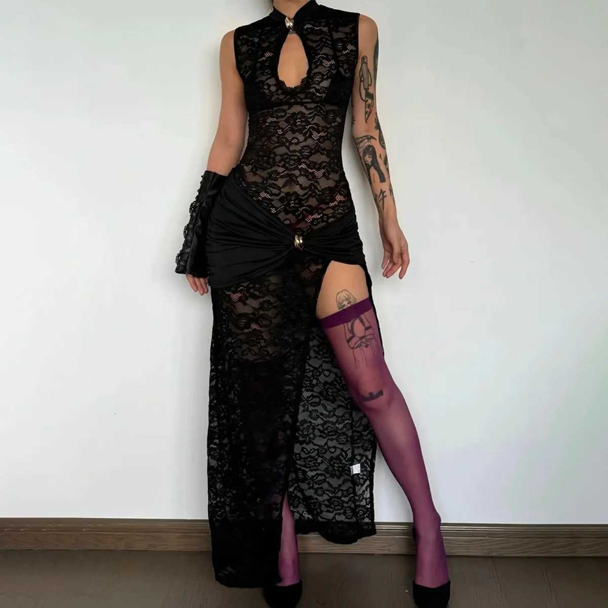 Women Sexy Lace Long Dress Hollow Out Sleeveless High Slit Evening Party Club Dress Vintage Casual Bodycon See Through Dresses XJ250722