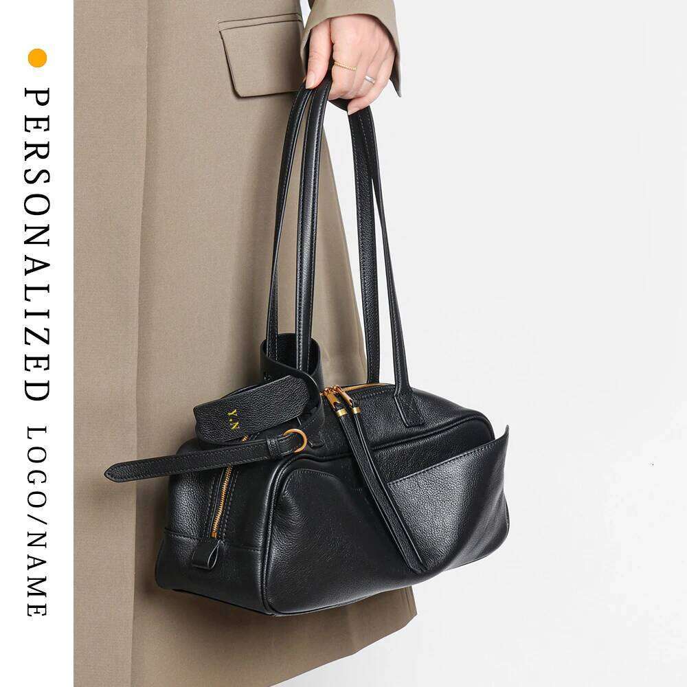Free Gold Stamping Letter Spring and Summer Genuine Leather Bowling New Women's Bag Simple First Layer Cowhide Boston