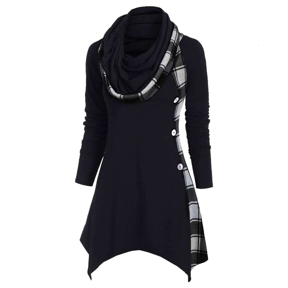 Autumn Winter Women's Color Block Plaid Double Layer Hooded Diamond Hem Mid-Length Dress Light Luxury B5