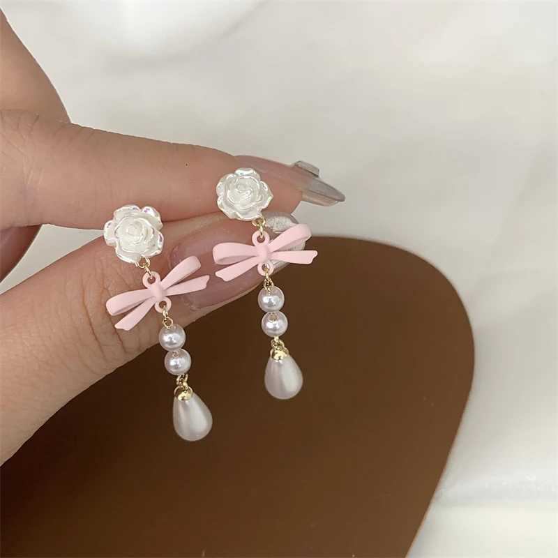 Korean Sweet Pink Bowknot Pearl Drop Earrings for Women Elegant White Rose Flower Long Tassel Earrings Party Wedding Jewelry Gift XJ250722