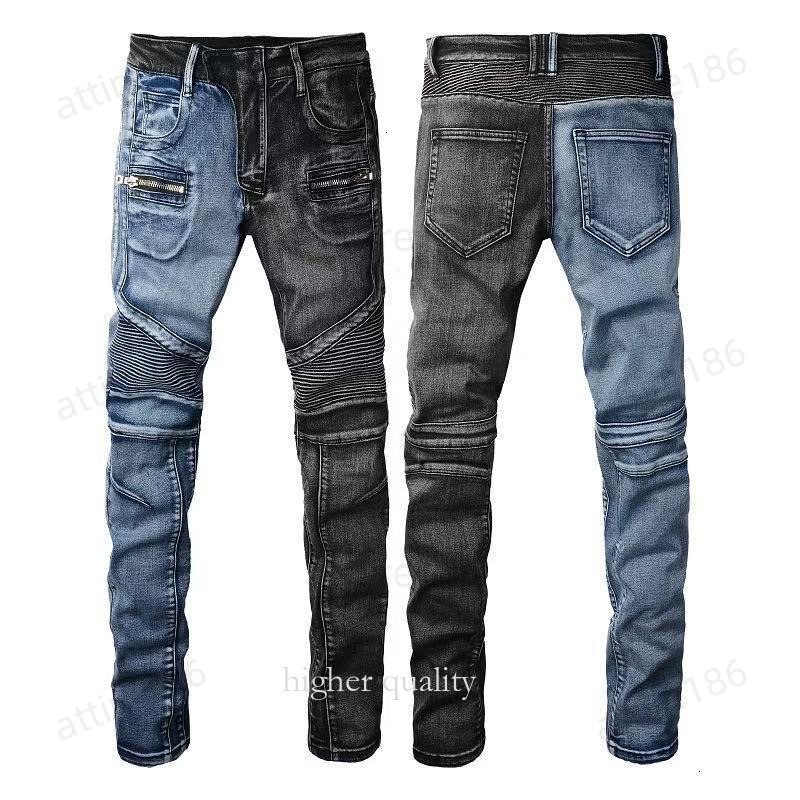 balmapeans style split motorcycle pants Designer denim clothing Fashionally fitted men's jeans Men's black high-end quality rock and hip-hop