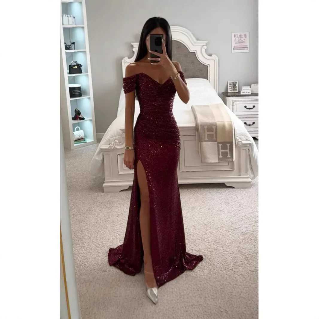 Sexy Side Slit Gown Shiny Sequins Womens Dress Independent Station Polyester Borderless Flashing Lightweight Fashion XJ250722