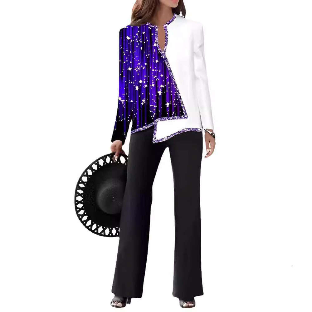 3D Digital Printing V-Neck Asymmetric Fashion Casual Shirt And Trousers Women's Set B5