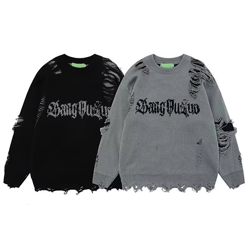Hole Sweater Male Autumn Vintage High Street Gothic Dark Pullover Round-Neck Knit n Irregular Letters Oversize Sweater 250717