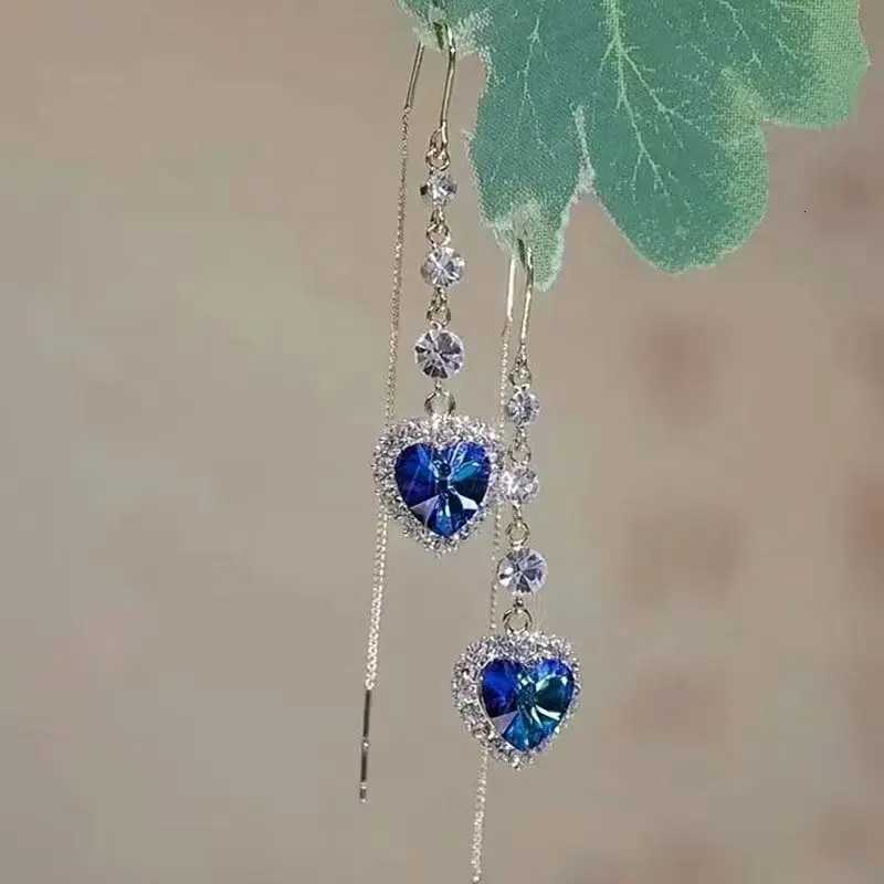 Exquisite Blue Heart Shed Zircon Earrings for Women Luxury Long Tassel Ear Line Dangle Earring Ladies Wedding Party Jewelry XJ250722