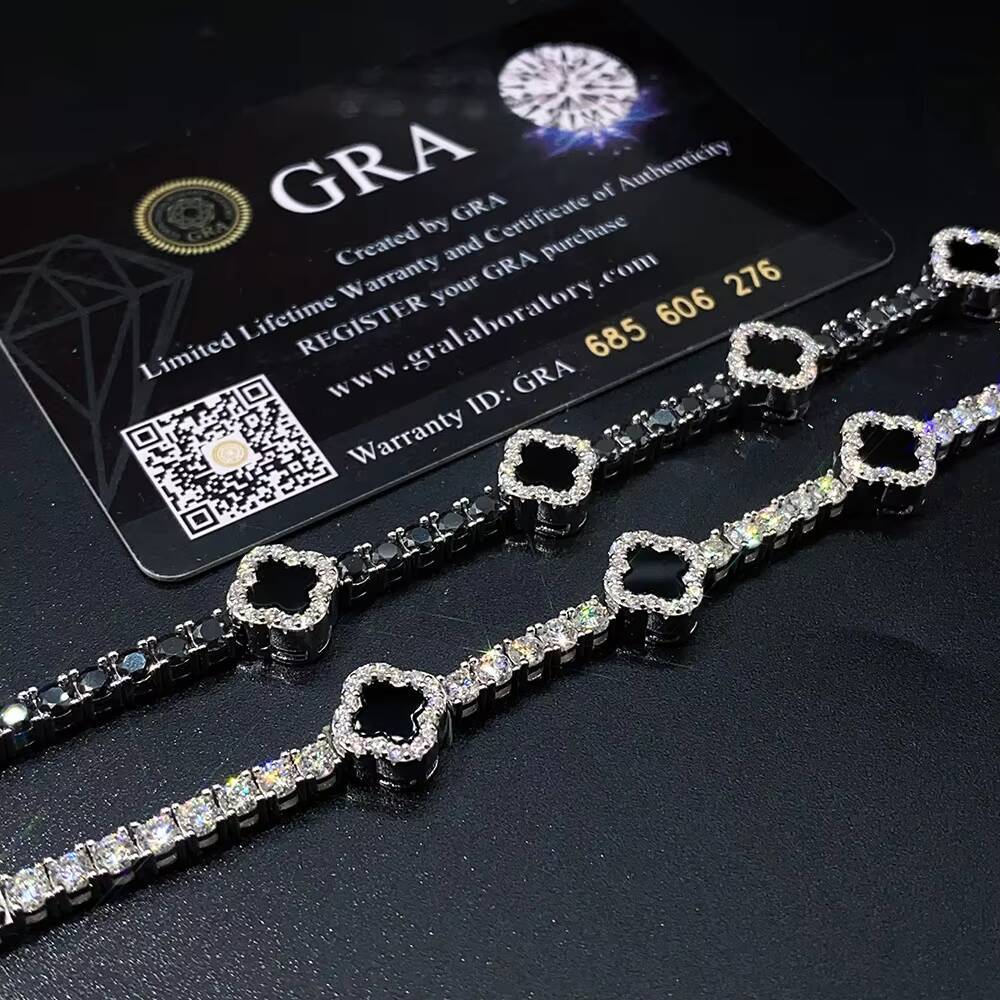 Hot Selling Design Black Clover Tennis Chain Luxury VVS D Moissanite 925 Sterling Silver Tennis Bracelet 4mm Hip Hop Jewelry