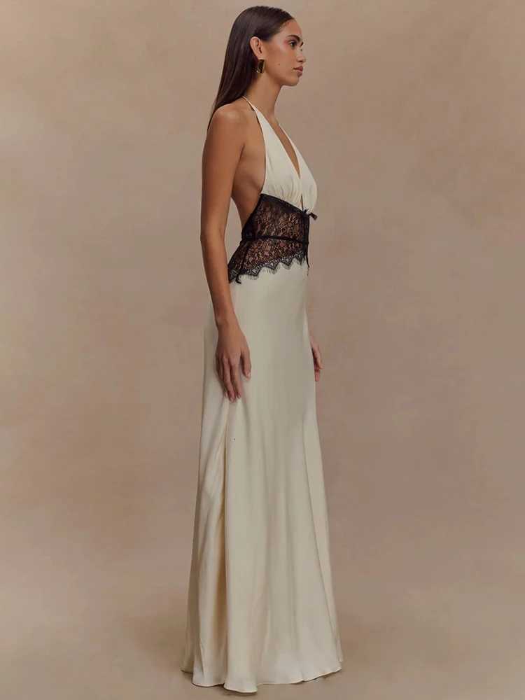 Mozision Summer Backless Sexy Maxi Dress Women Gown Patchwork Lace Halter Deep V Neck Sleeveless High Waist Long Dress XJ250722