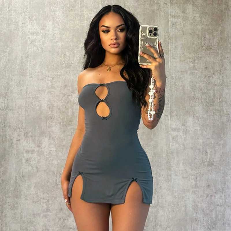 2024 Womens Clothing CUTENOVA Y2K Sexy Mini Dress Women Summer Hottie Hollow Out Strapless Solid Color Pullover Dresses Streetwear XJ250722