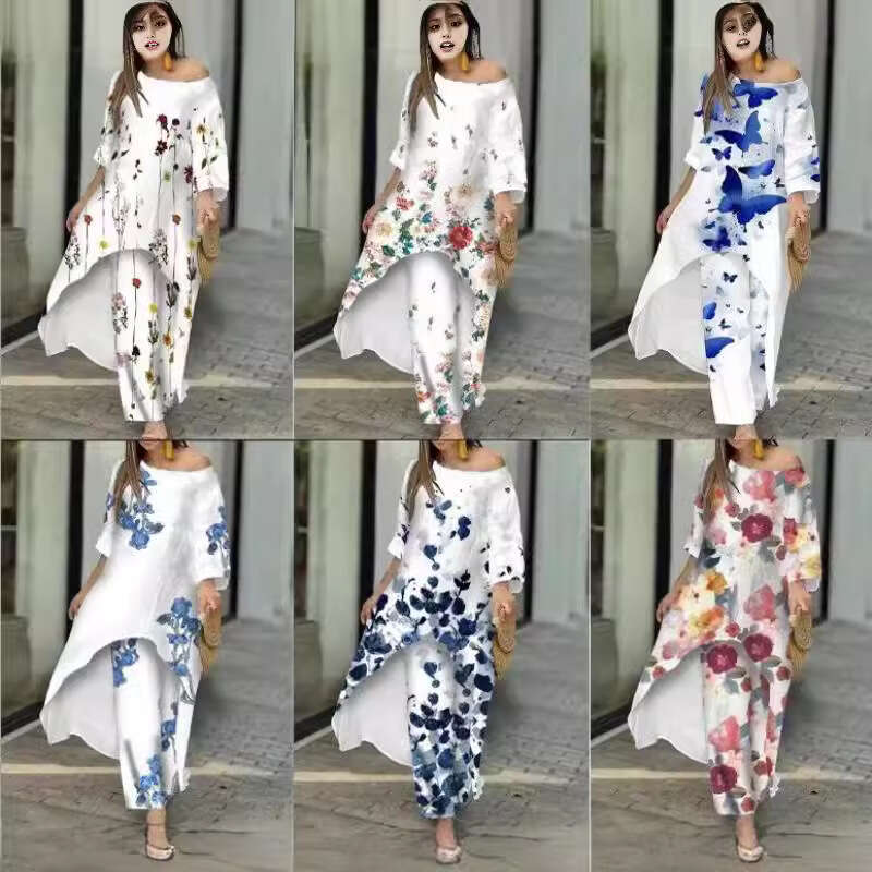 New Women's Fashion Casual Loose Irregular Print Nine-Quarter Sleeve Sunscreen Shirt Wide-Leg Pants Set B5