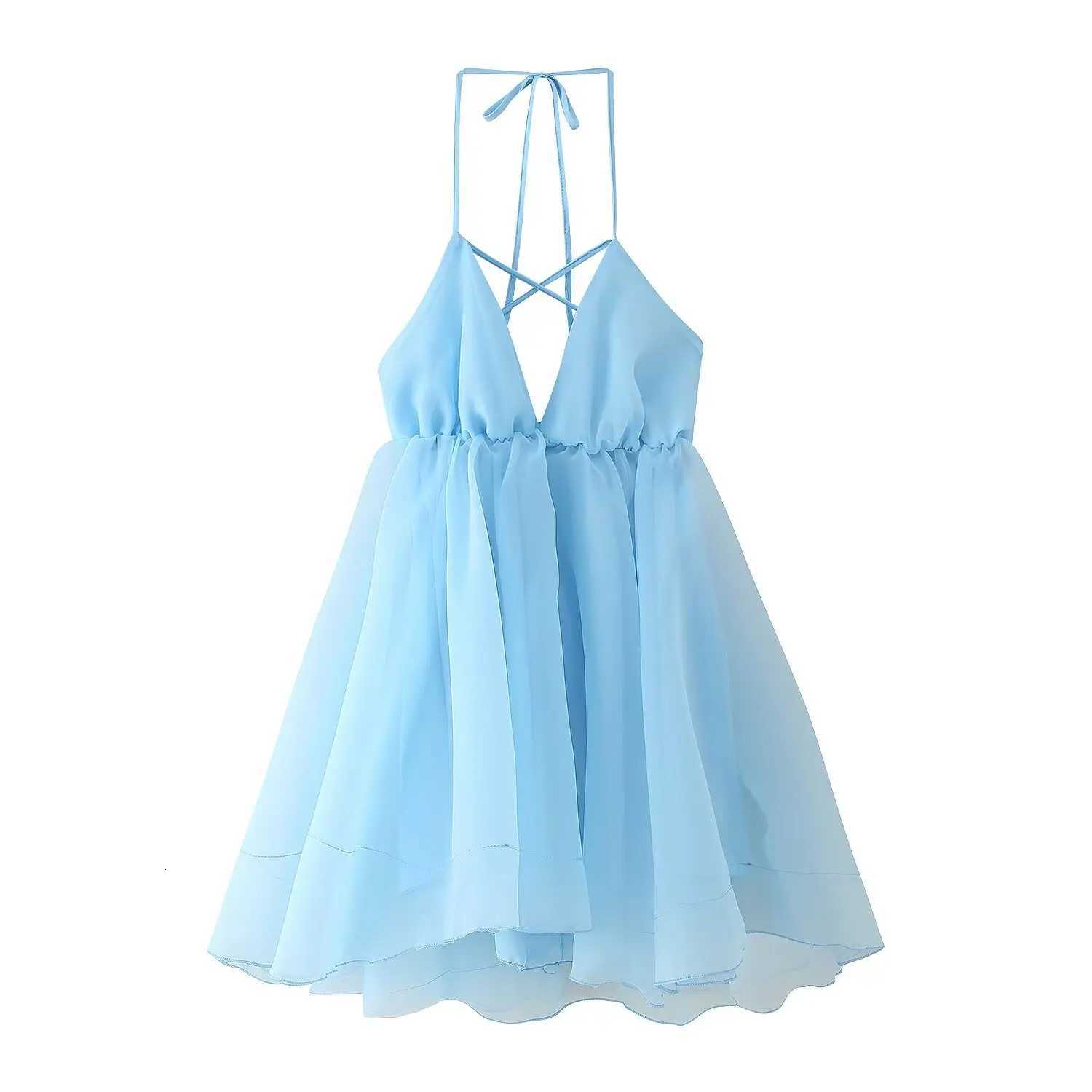 2025 Summer Sexy Backless Women Dress Lace-up Loose Pleated Hem Mini Dress Women Sleeveless High Waist Vacation Party Dress XJ250722
