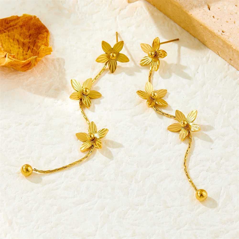 316L Stainless Steel Golden Petals Flower Round Beads Tassel Earrings for Women Fashion New Trend Ear Buckle Jewelry Gift XJ250722
