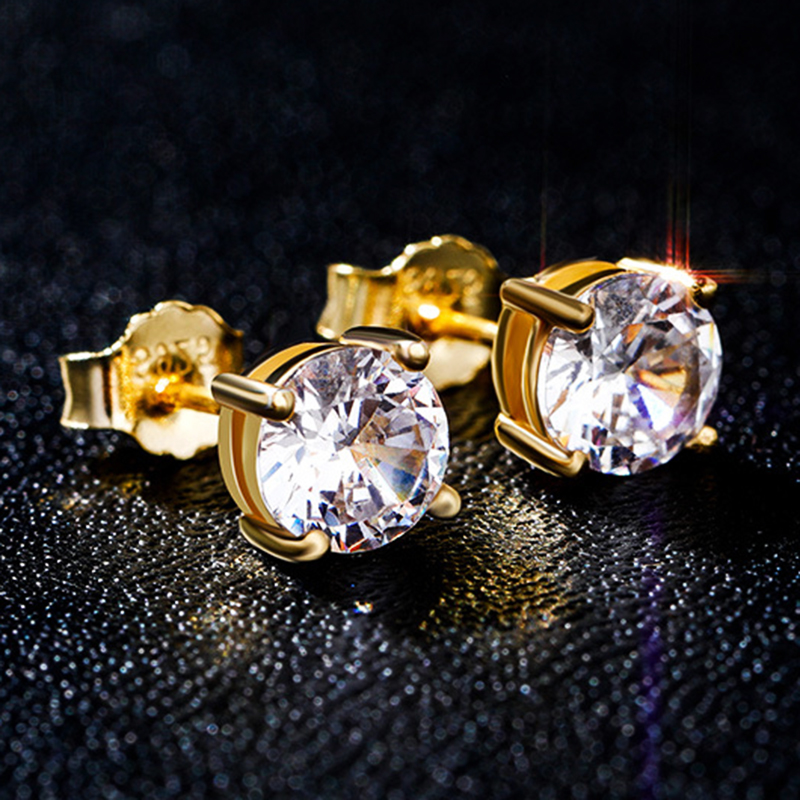 Vintage 4 6 8MM Round Cut CZ Stud Earrings Gold 925 Sterling Silver Fashion Jewelry For Women Hip Hop Fashion Iced Out Prong Cubic Zirconia Fine Quali