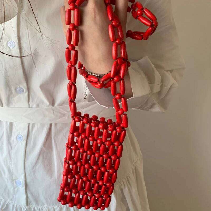 Vintage Wooden Bead Woven Mobile Phone Bag 2024 New Ins Minimalist Summer Vacation Beach Crossbody Bags for Woman