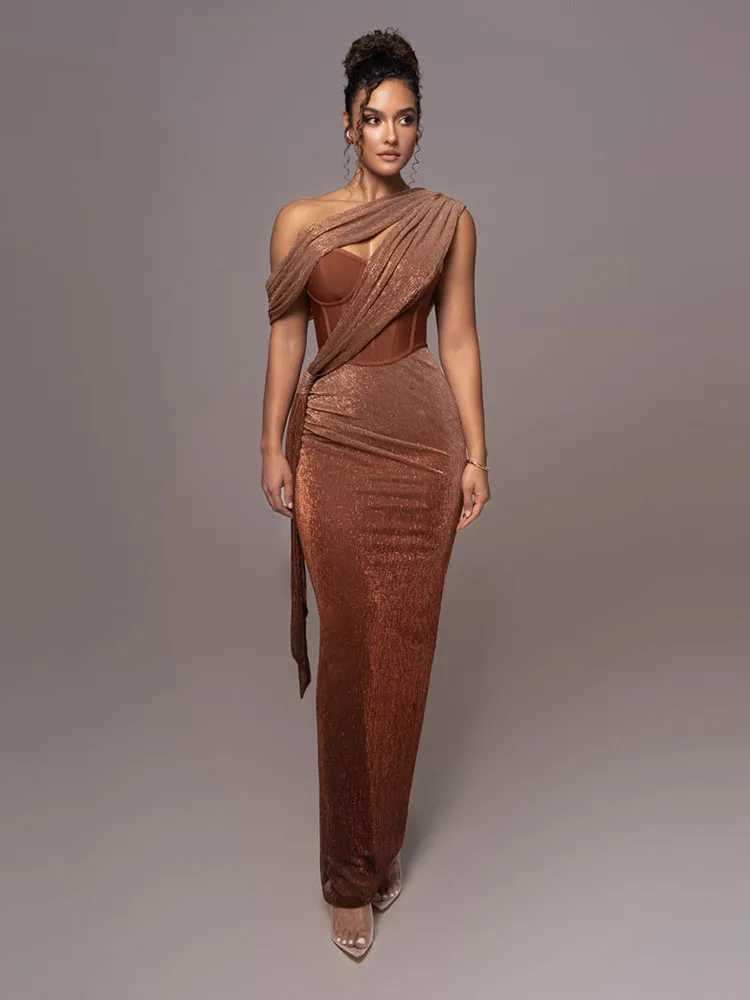 Sexy One Shoulder Draped Glitter Long Dress Women Brown Corset Sparkly Backless Bodycon Maxi Dresses Evening Party Gowns XJ250722
