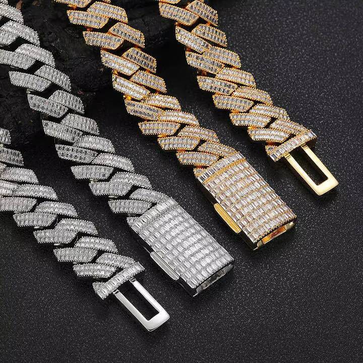 New Style 20mm Baguette Moissanite Necklace with Cuban Chain in White Gold Iced Out Hip Hop Diamond Jewelry Link Prong Necklace