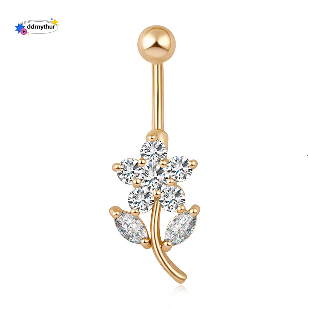 Ins Style Female Copper Material Cute Flower Shape Micro Inlaid Zircon Belly Button Ring Body Piercing Jewelry ddmythur