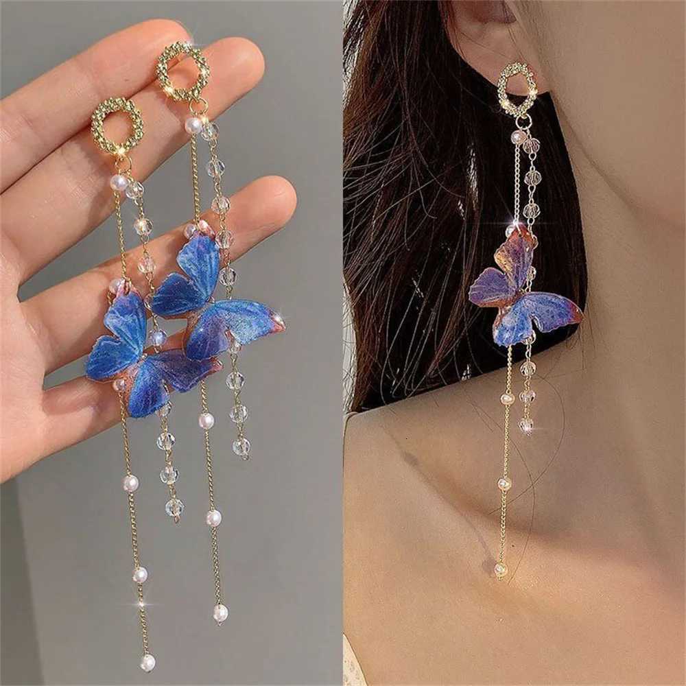 New Luxury Women Zircon Crystal Pearls Long Tassel Butterfly Earrings Stud Dangle Jewelry Gifts XJ250722
