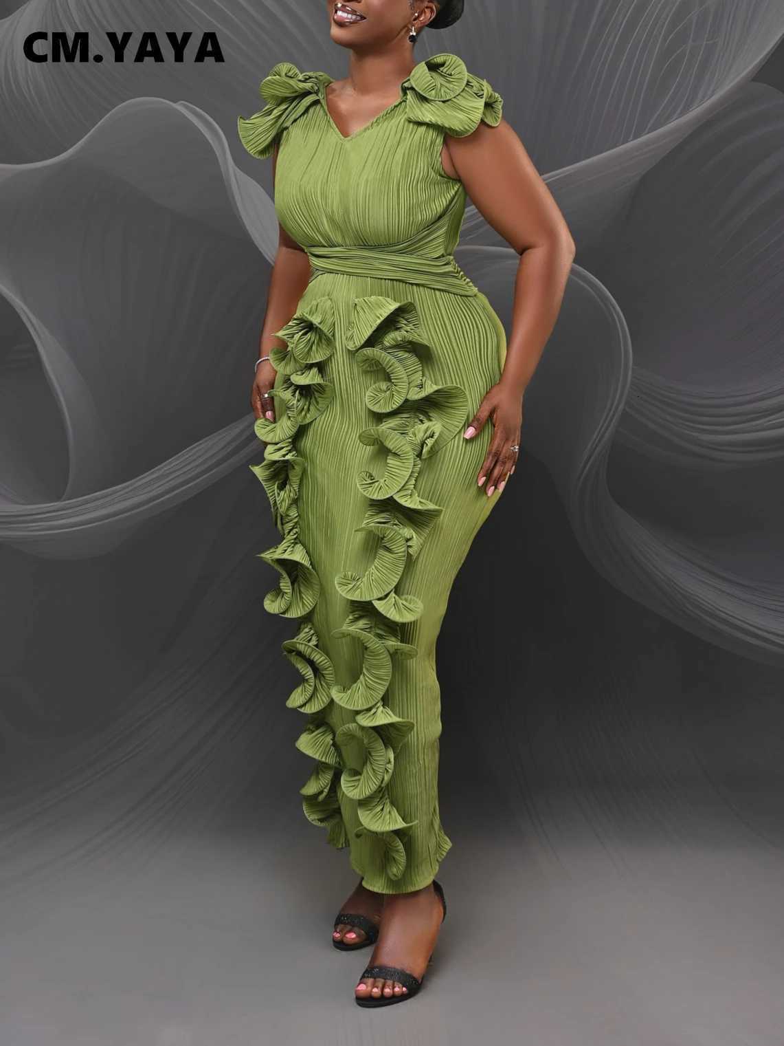 2025 CM.YAYA Women Ruffles Splicing V-neck Sleeveless Bodycon Midi Pleated Maxi Long Dress Birthday Sexy Club Party Even Dresses XJ250722