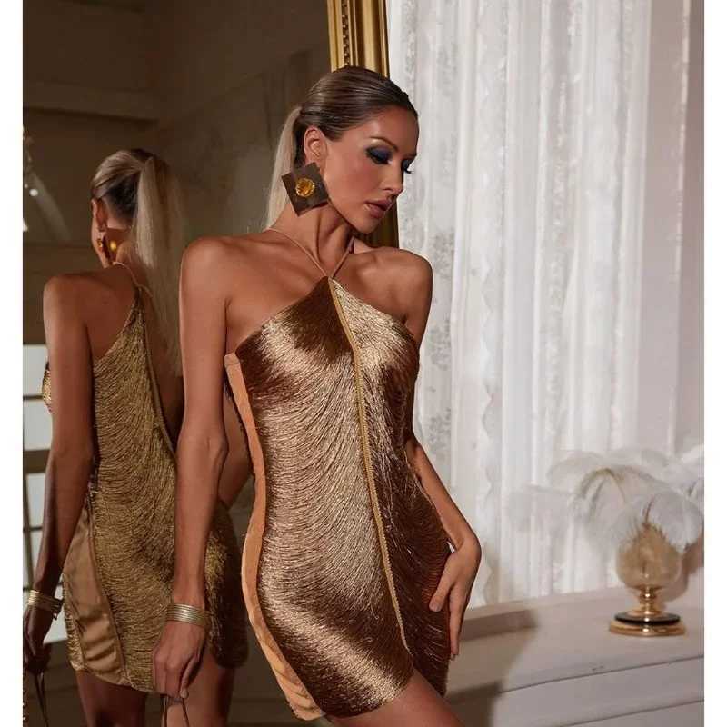 Fringe V-neck Mini Dress Halterneck Vestidos Women Ele Cut Out Short Dress Fashion Patchwork Asymmetric Tassel Decor Dresses XJ250722