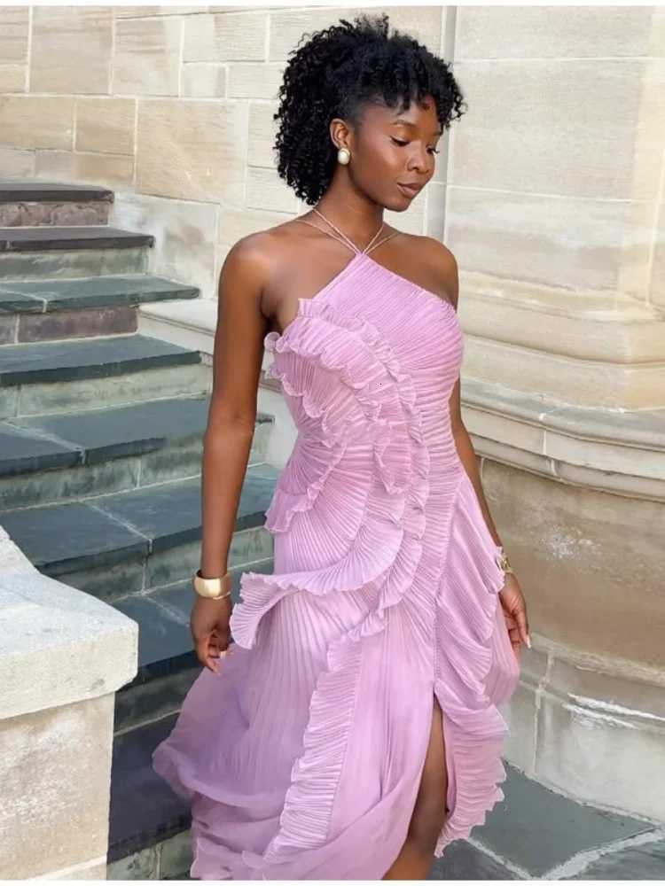 Womens Dress Ele Halter Prom Gowns Ruffles Tiered Backless Party Gown Summer Vacation Chiffon Long Evening Dresses XJ250722