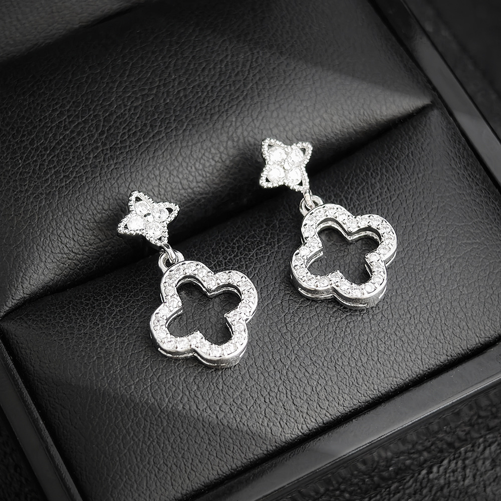 Silver - Tone Clover - Shaped Drop Earrings With Rhinestone Accents Lucky Party Jewelry And Gift For Her High Quality And Sparkling Jewelry