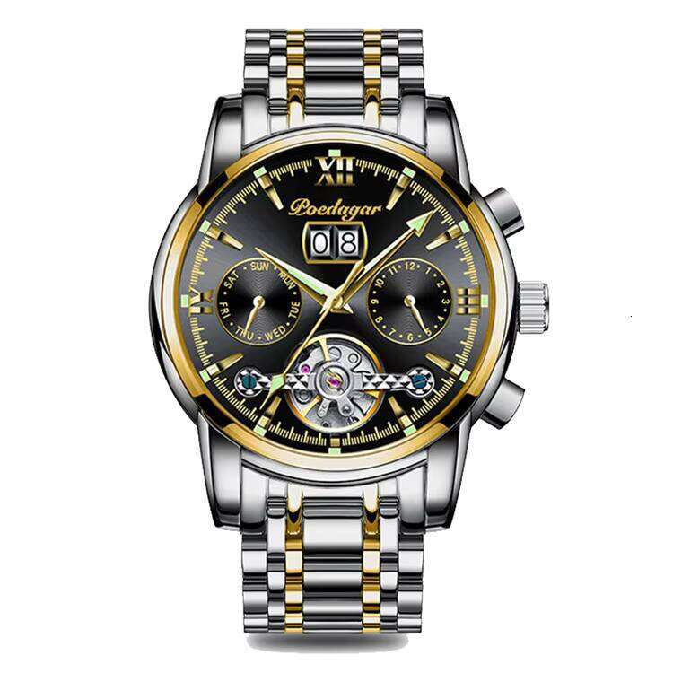 DHgargets POEDAGAR Men's Automatic Watch - Tourbillon, Day/Date, 50M Waterproof, Luminous, Stainless Steel Band, Business Mechanical Watch