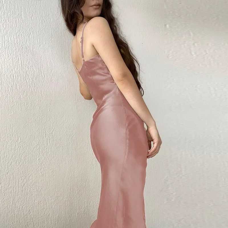 2024 Womens Spring New Strap Womens Dress European and American High End Sexy Spicy Girl Low Cut Satin Split Back XJ250722