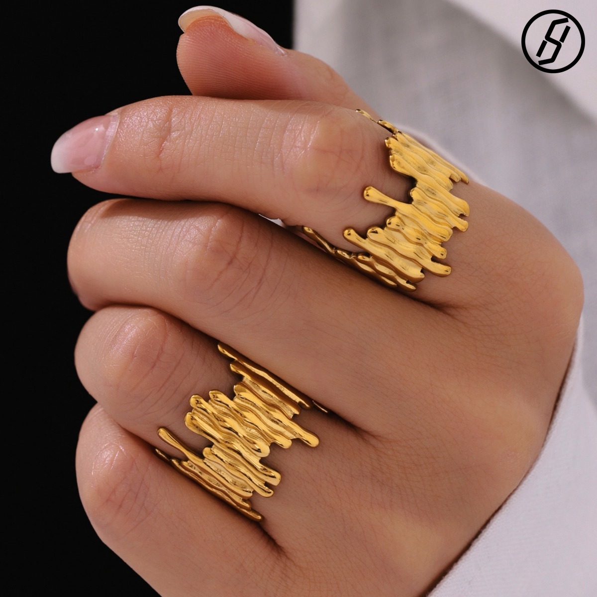 European and American Cold Style Color Matching Open Ring Geometric Stainless Steel Irregular Ring Lava Shape Open Ring Women's Ring