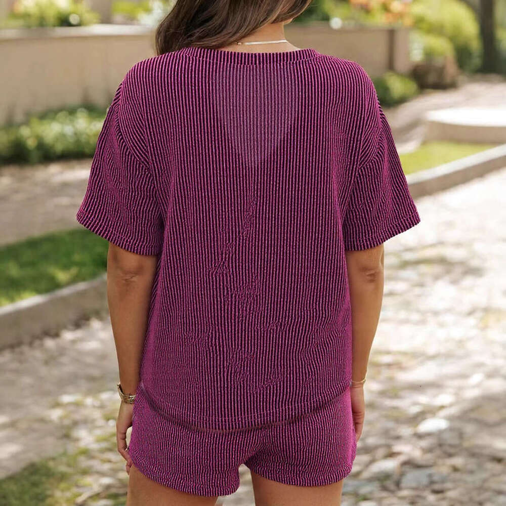 Summer New Simple Comfortable Solid Color Ribbed Short Sleeve Elastic Waist Shorts Homewear Two-Piece Set For Women B5