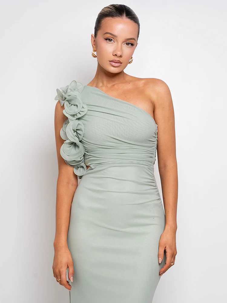 Mozision Shoulder Floral Mesh Ruched Sexy Maxi Dress For Women Gown Oblique Shoulder Sleeveless Backless Bodycon Long Dress XJ250722