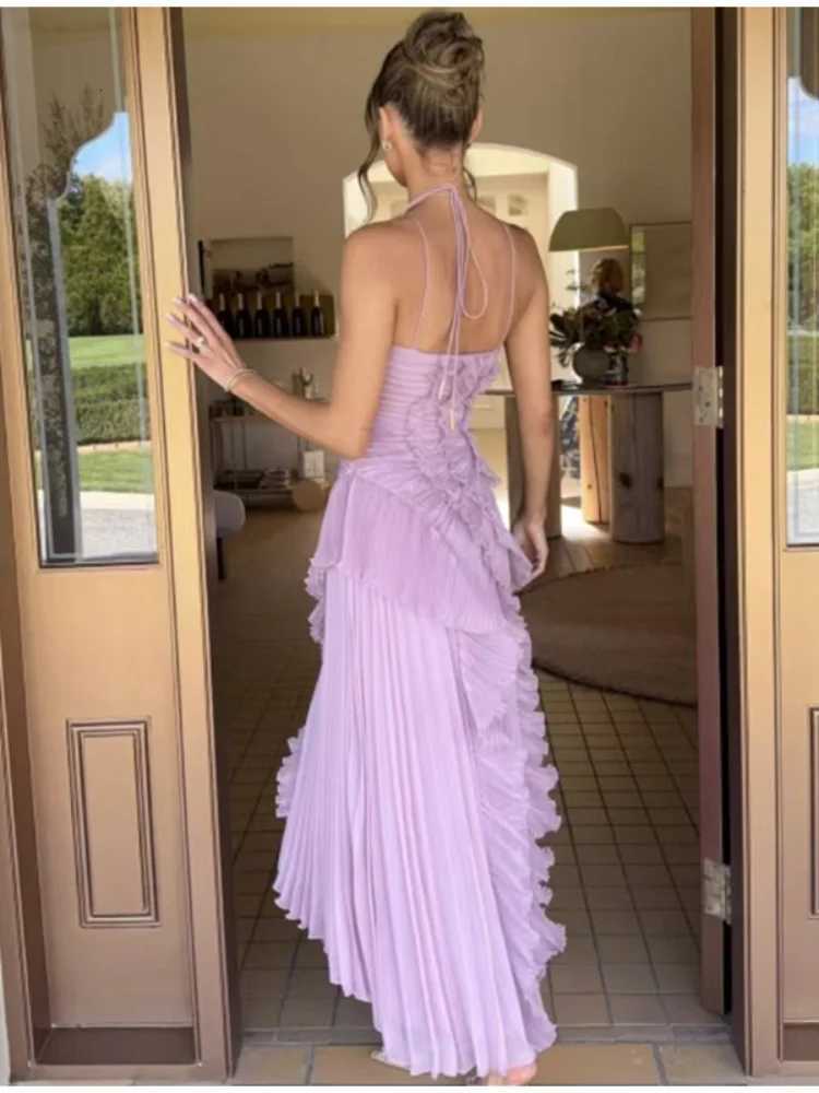Womens Dress Ele Halter Prom Gowns Ruffles Tiered Backless Party Gown Summer Vacation Chiffon Long Evening Dresses XJ250722