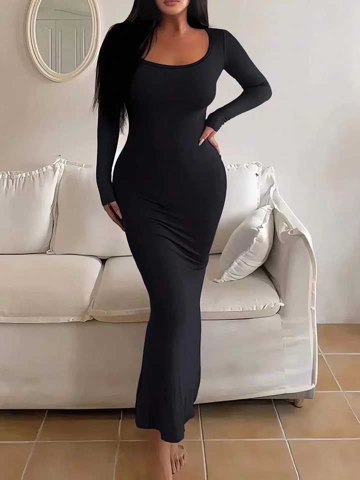 Womens Solid Long Sleeve Bodycon Dress Chic Basic Minimalist Casual Fashion Scoop Neck Long Dress Womens Wear XJ250722