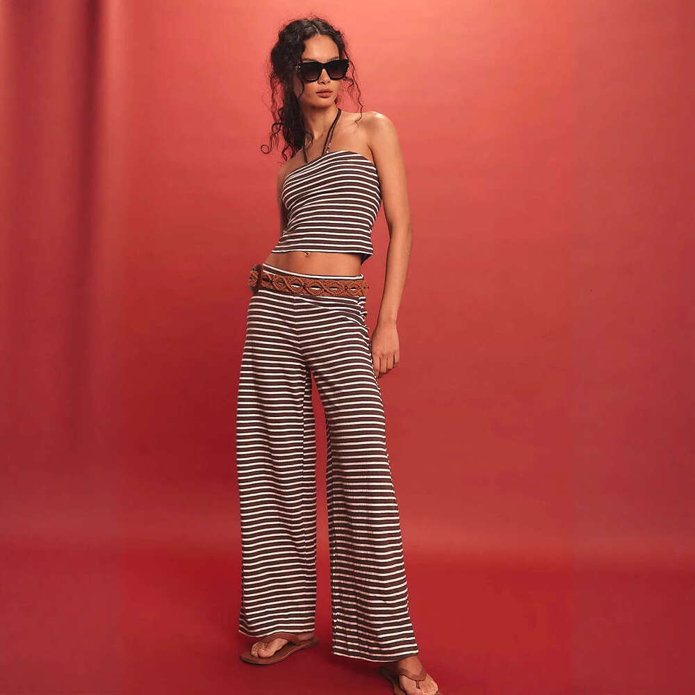 Sexy Slim Fit Casual Striped Color Block Tube Top Fashion Elastic Waist Long Pants Two-Piece Set B5
