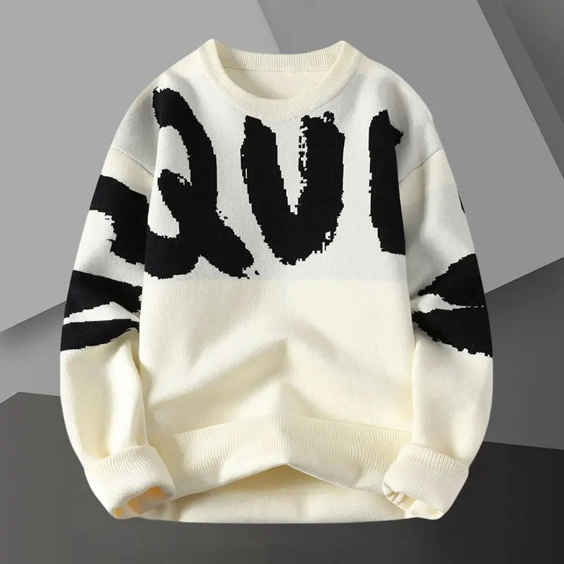 Letter Contrast Printing Sweater Pullover Crew Neck Men Sweter Korean Sweater Fashion Knit Pullover Sweater Noel Kazak 250717