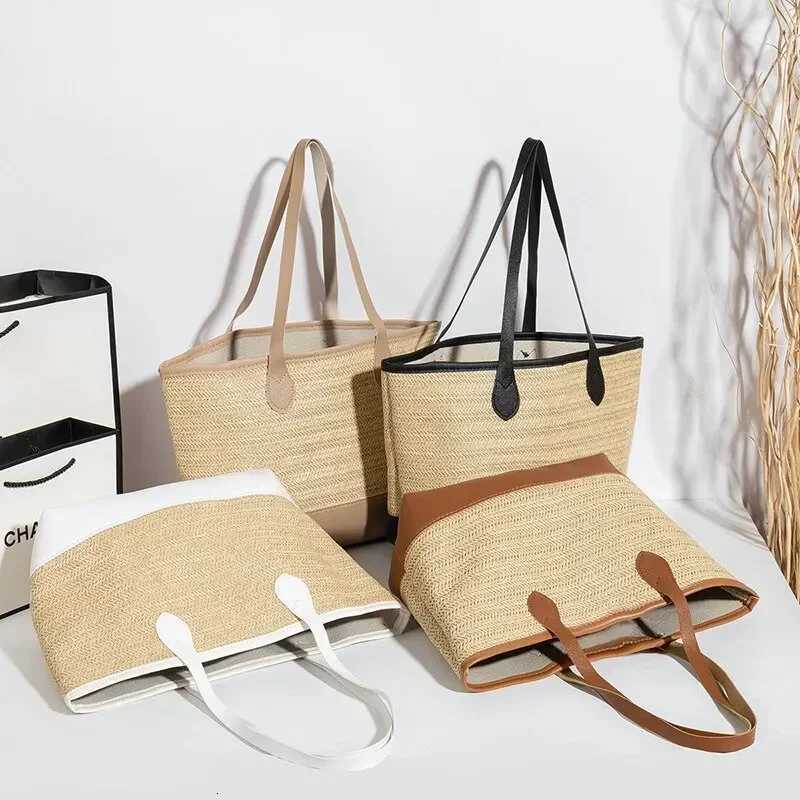 FAshion Pu Leather Weave StrAW Tote Bag Trendy Shoulder Bag PaTChwork Color Beach Handbags Large Capacity Raffia Bag Y250730