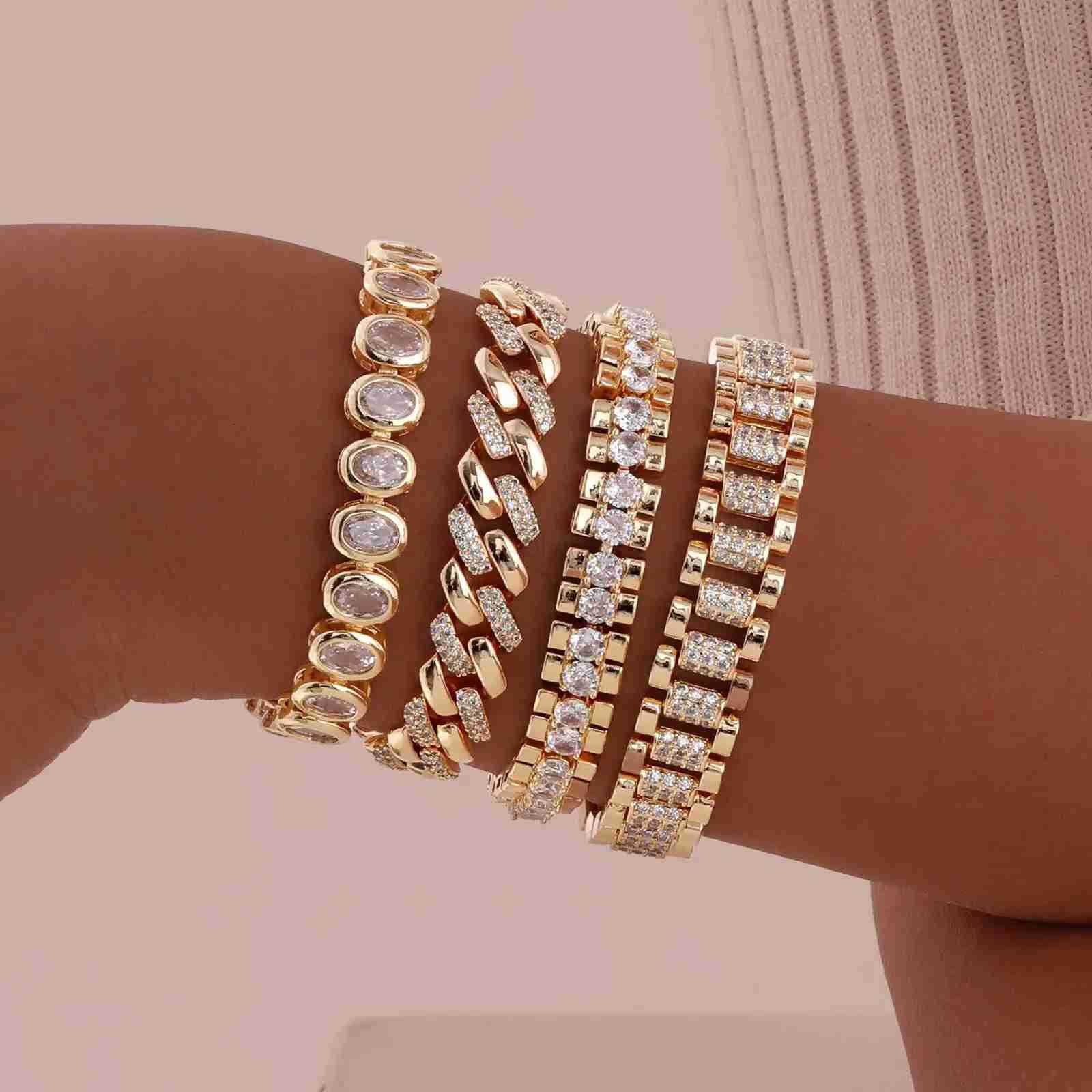 14K Gold Plated Paperclip Chain Bracelet Cubic Zirconia Watch Strap Chunky Link Adjustable Stackable Jewelry For Women Girl Gift M250722