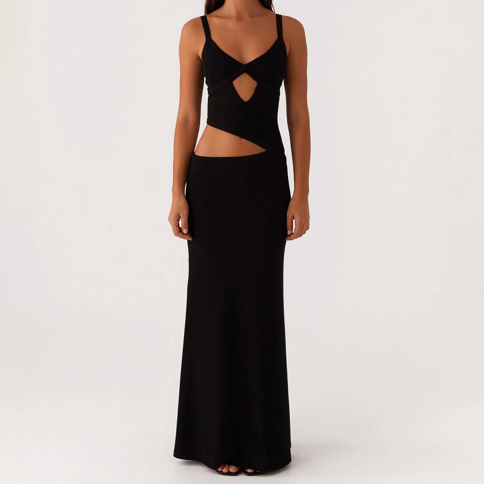 Women Sexy Slip Dress Sleeveless V-neck Backless Hollowed Swing Dress Summer Bodycon Long Dress for Cocktail Party Streetwear XJ250722