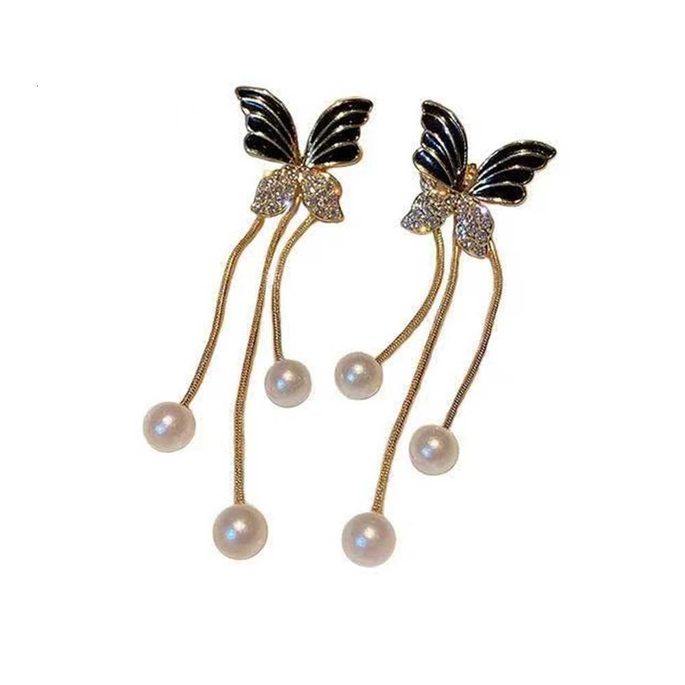 Korean Black Crystal Butterfly Pearl Tassel Earrings Fashion Punk Silver Color Long Chain Stud Earring Jewelry Gifts for Women XJ250722
