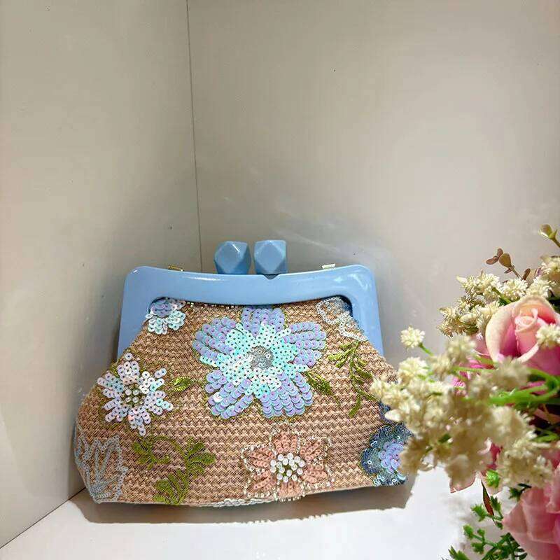 Women Embroiry Evening Sequins Vintage Flower Straw Beach Handbag Weaving Satchel Ladies Summer Daily Bag City Bag