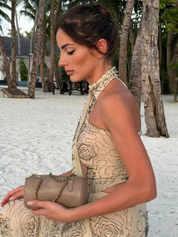 100% Embroidery Sequin Maxi Skirt Suits Women Chic Sleeveless Off Shoulder Scarf Backless Slim Vest Sets Lady Party Wear 2025 XJ250722