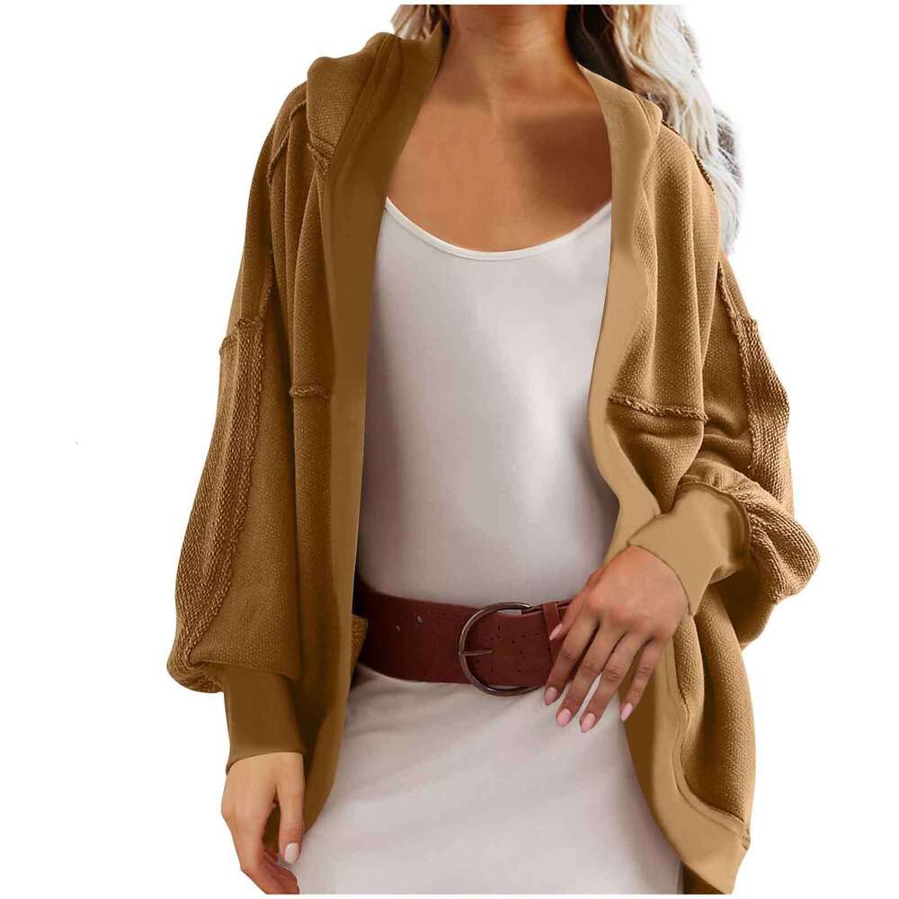 Women's Autumn Winter Coat Hooded Elegant Commuter Loose Back Patchwork Casual Open Front Sweatshirt B5