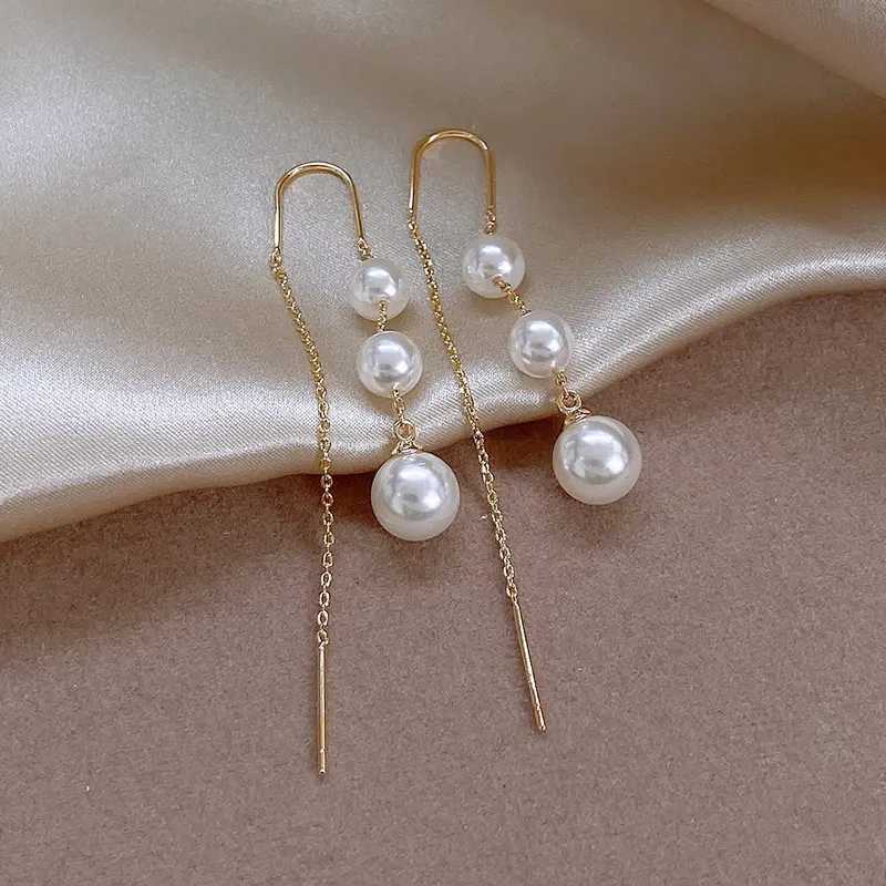 Korean Exquisite Imitation Pearl Tassel Drop Earring For Women Shiny Zircon Flower Long Ear Line Geometric Earring Jewelry XJ250722